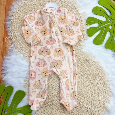 Macacão em Soft Cachorrinhas com Abertura em Zíper - Areia e Rose